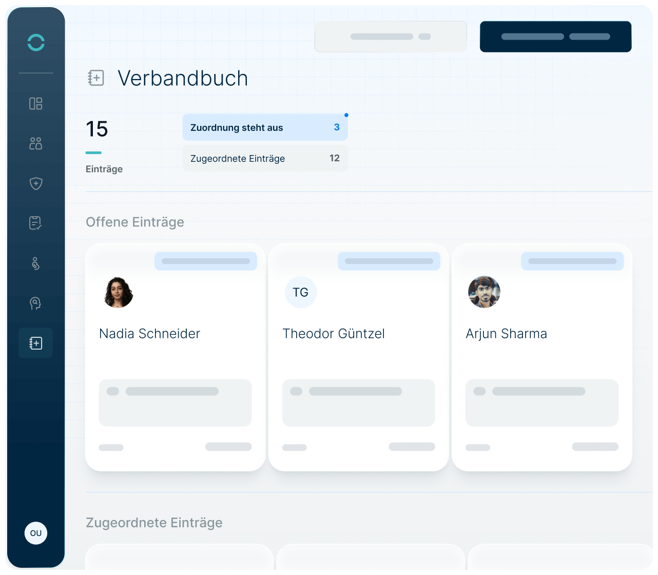 Übersicht aller Verbandbuch-Einträge mit Status zu offenen und zugeordneten Fällen