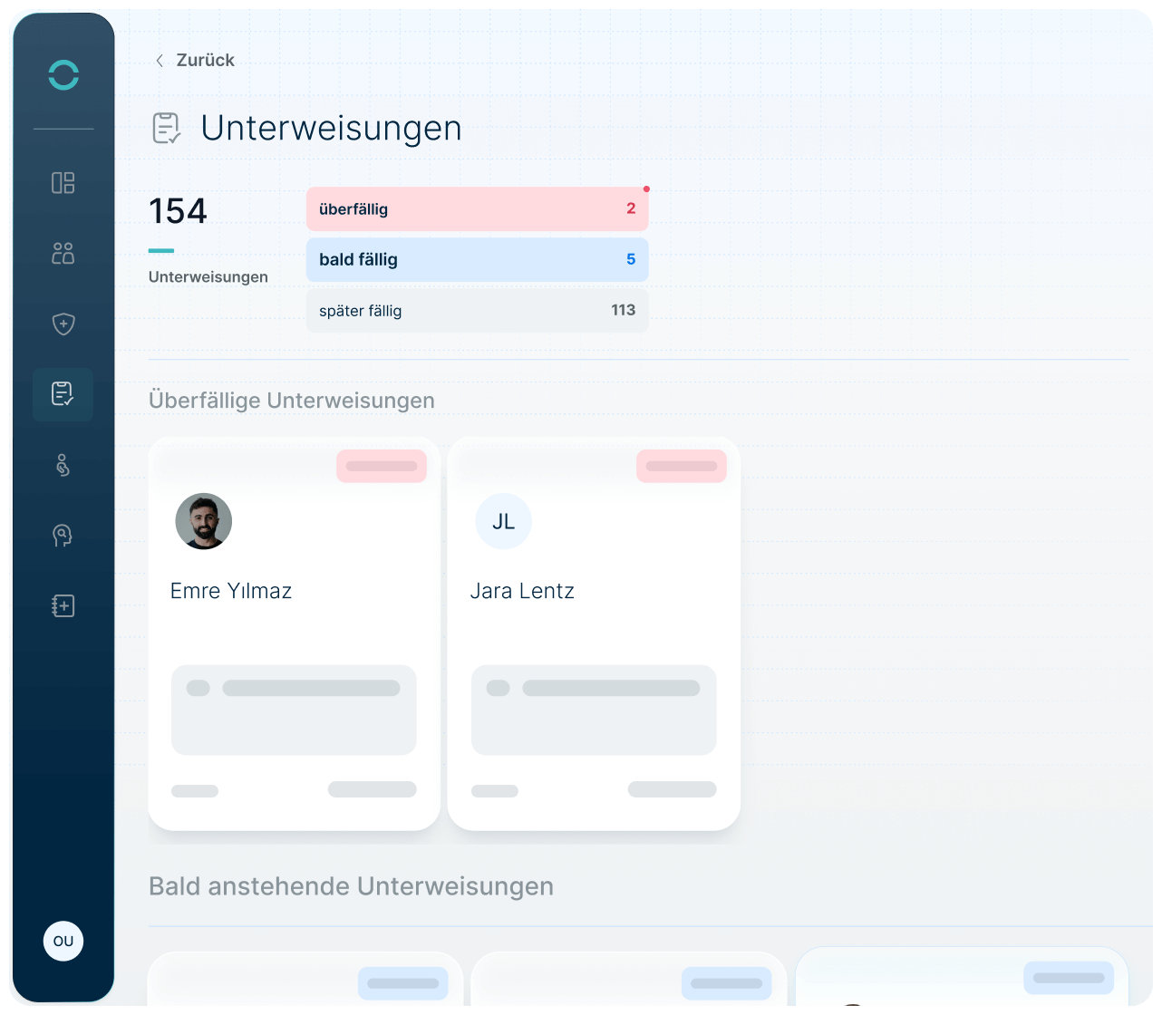 Dashboard aller überfälligen, bald fälligen und später fälligen Unterweisungen inklusive betroffenen Mitarbeiter:innen