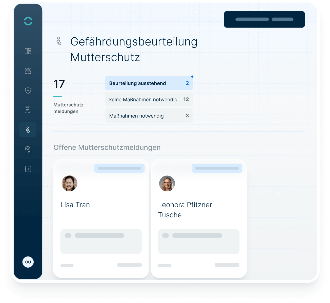 Dashboard zur Durchführung und Auswertung von Gefährdungsbeurteilungen im Mutterschutz mit Meldungen und notwendigen Maßnahmen