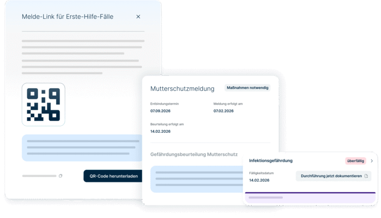 Benutzeroberfläche der ginione Software mit Melde-Link für Erste-Hilfe-Fälle inklusive QR-Code sowie Maßnahmen zur Mutterschutzmeldung und Gefährdungsbeurteilung mit Statusanzeigen und Terminen