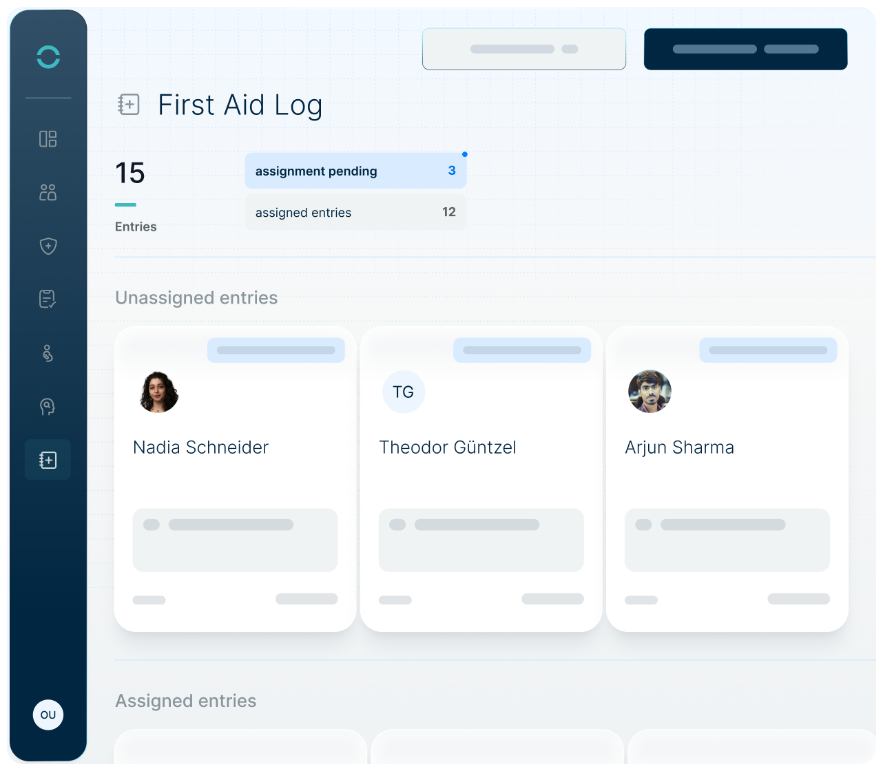 Overview of all first aid log with status of open and assigned cases