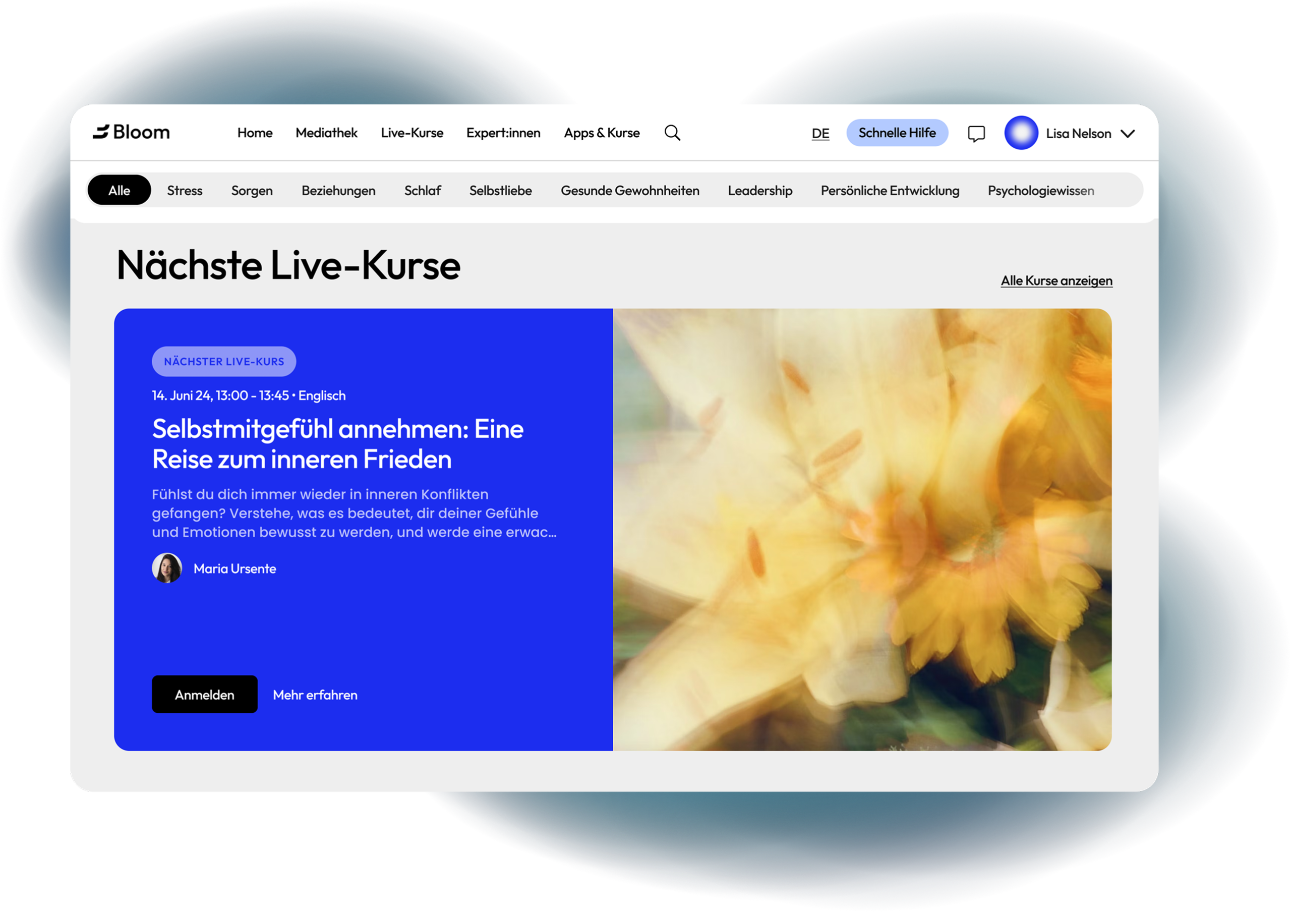 Ankündigung eines Live-Kurses in der Bloom Software zum Thema Selbstmitgefühl mit Termin und Anmeldung