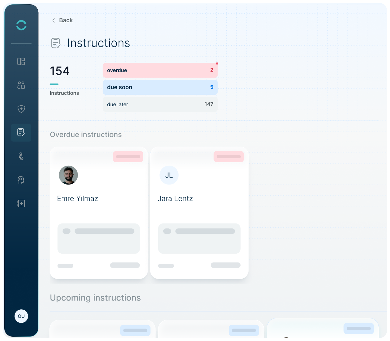 Dashboard of all overdue, upcoming, and later due instructions, including affected employees