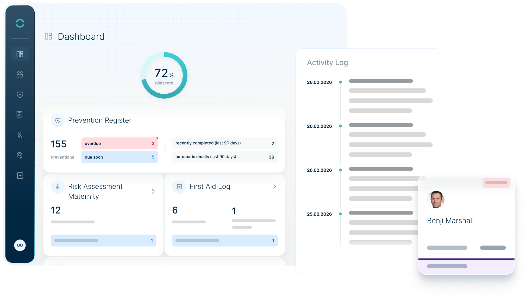 Dashboard for managing occupational safety measures with progress display, activity log, and employee profiles