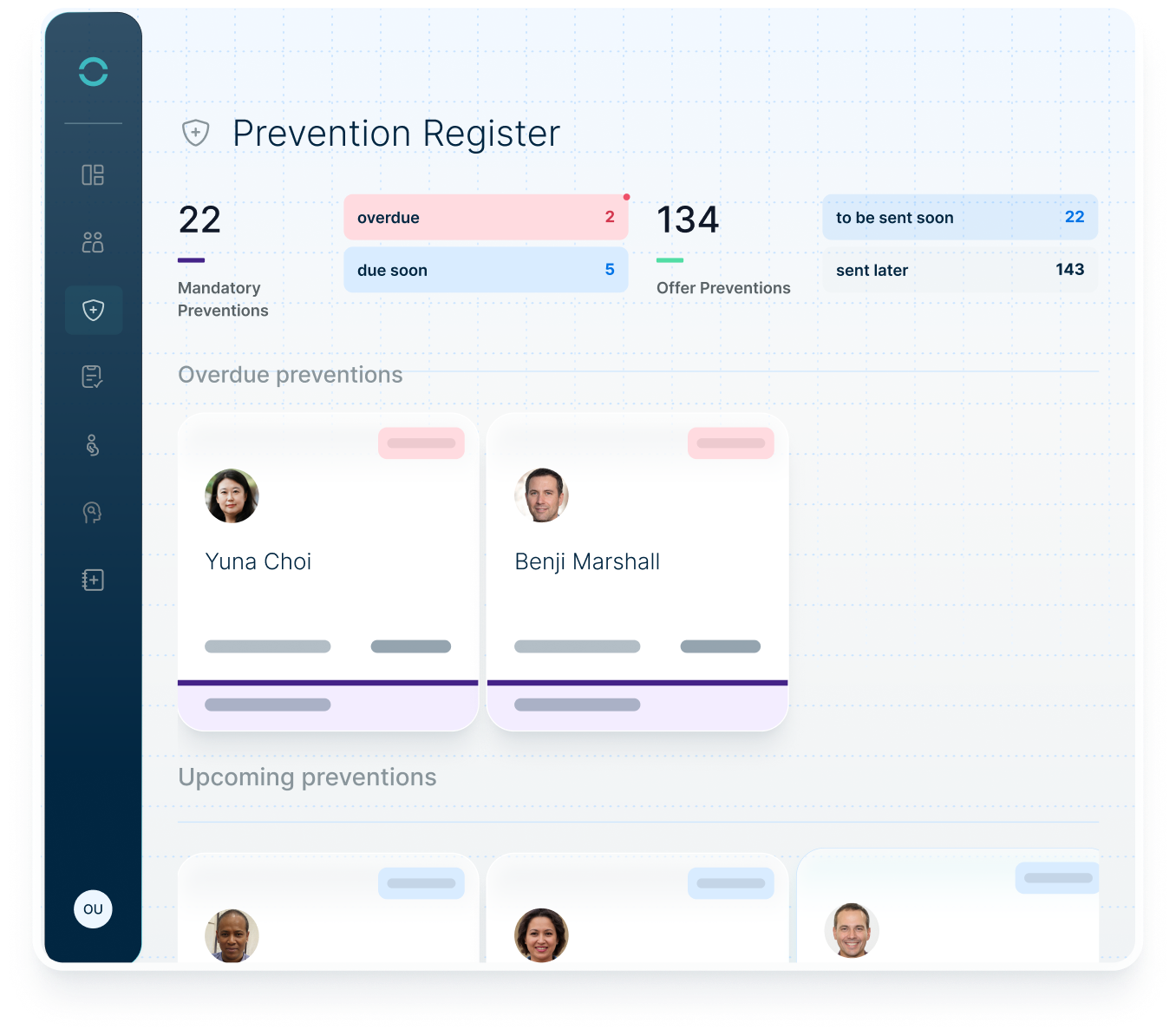 Digital prevention register (Vorsorgekartei) with an overview of due and overdue preventive measures