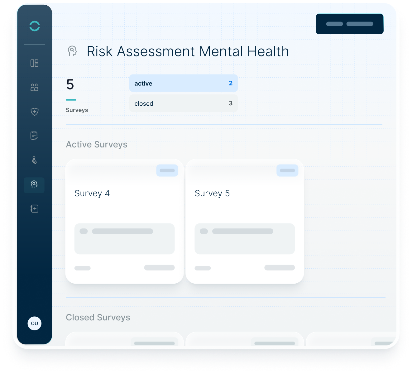 Dashboard for conducting and evaluating Risk Assessment Mental Health with an overview of active and closed surveys